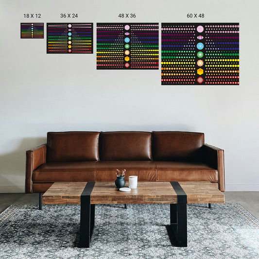 Vertical dot‑art print framed between two chairs in a couples therapy office