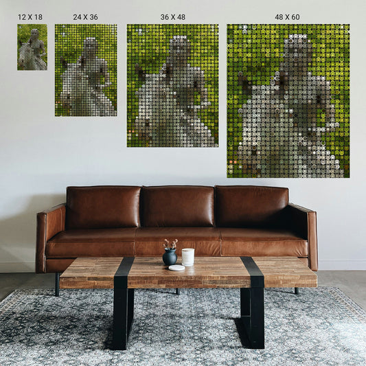 Therapeutic dot‑art wall prints creating a calm, symmetrical focal point in a modern therapy office