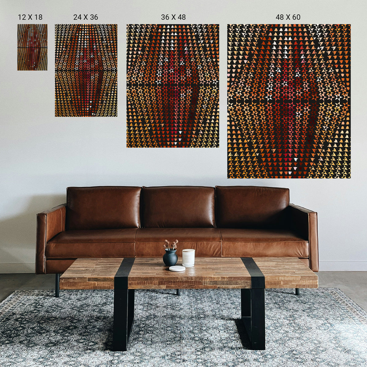 Therapeutic stippling art print displayed in a minimalist executive office for stress relief