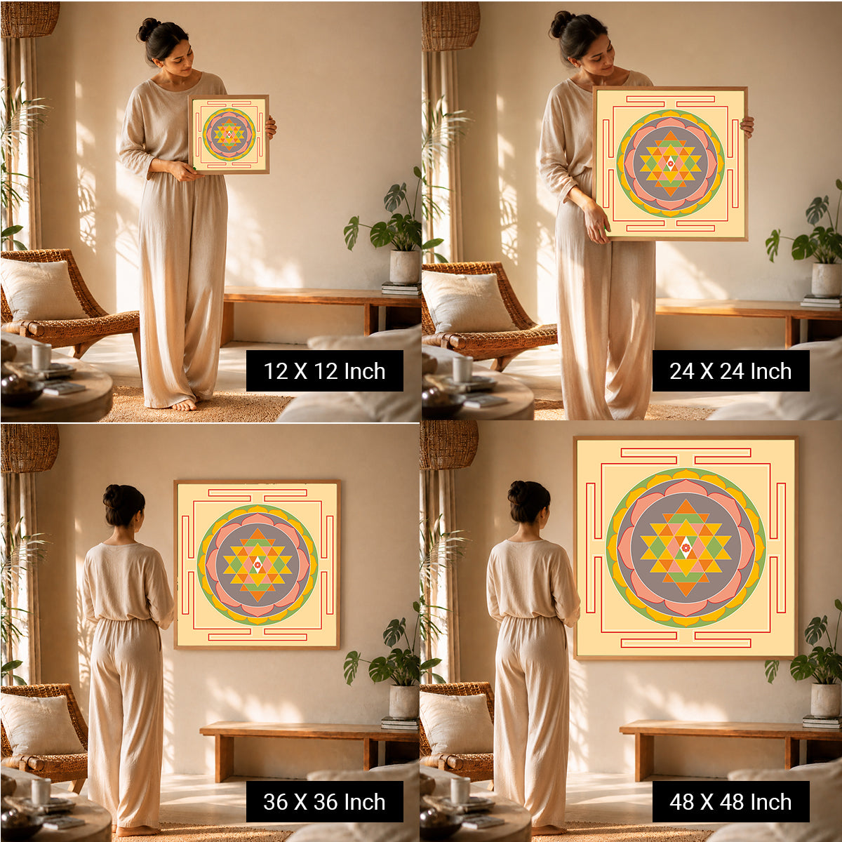 Sacred Geometry + Shri Yantra Dot Art by Ilu Art Therapy, displayed in four sizes, enhancing wellness spaces with vibrant des