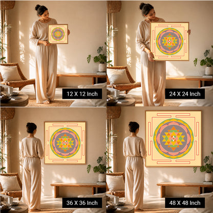 Sacred Geometry + Shri Yantra Dot Art by Ilu Art Therapy, displayed in four sizes, enhancing wellness spaces with vibrant des
