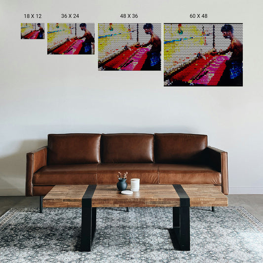 Meditation studio with floor cushions and a centered symmetry print on the front wall.