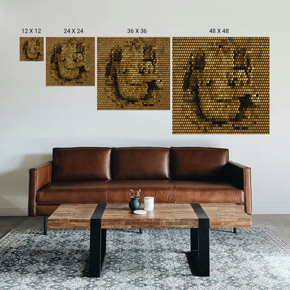 Brown leather sofa in a living room with wall art displaying different sizes.