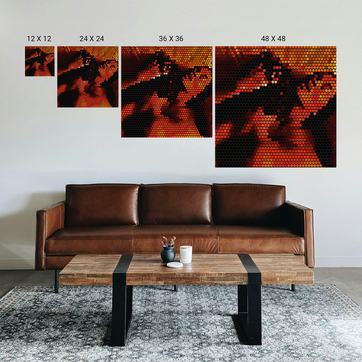Living room with a brown leather sofa, wooden coffee table, and abstract wall art.