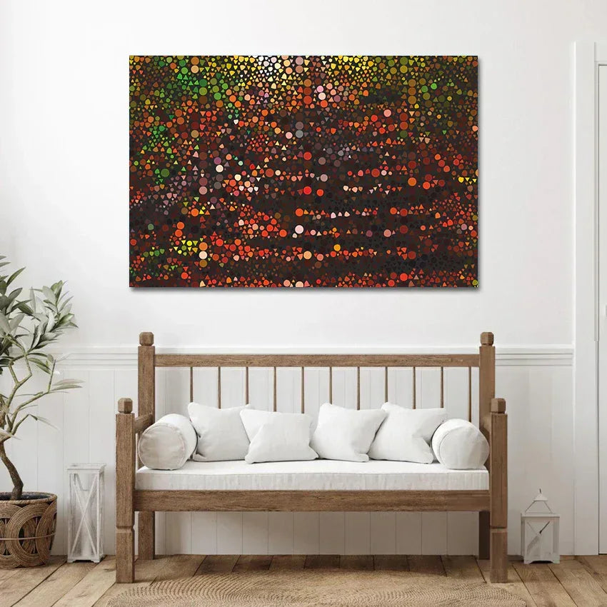 Colorful abstract painting above a wooden bench with white cushions in a room.