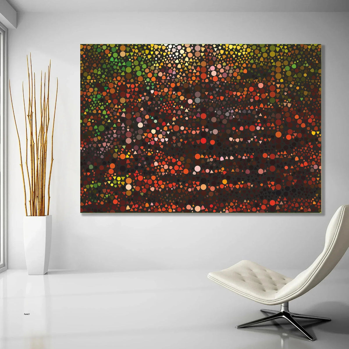 Abstract artwork with colorful dots on a white wall above a modern chair.