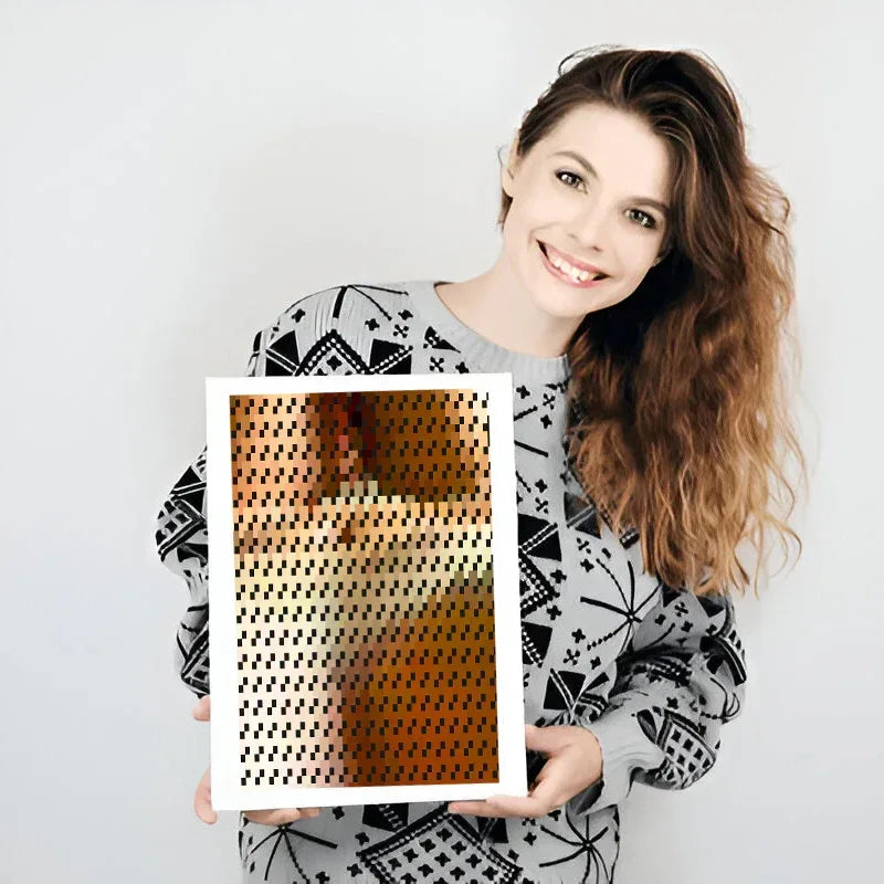 Woman holding a geometric patterned frame against a white background