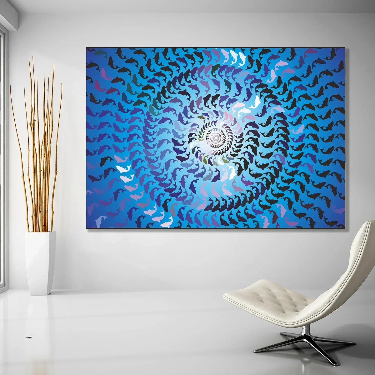 Abstract spiral artwork on a wall with a modern chair and plant in the foreground.