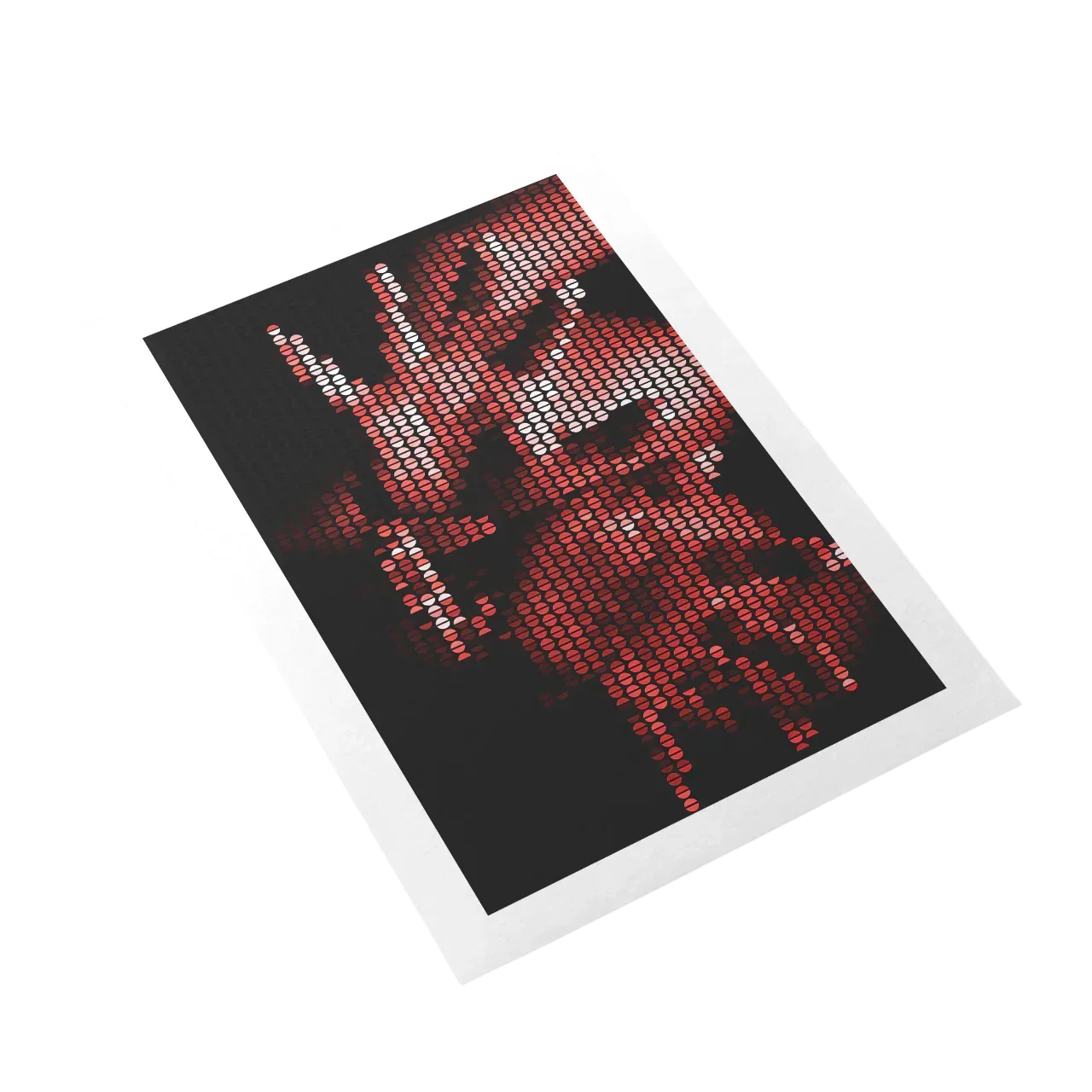 Pixelated image of a person on a black background with red and white text