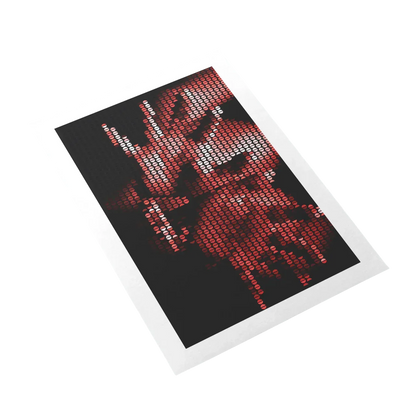 Pixelated image of a person on a black background with red and white text