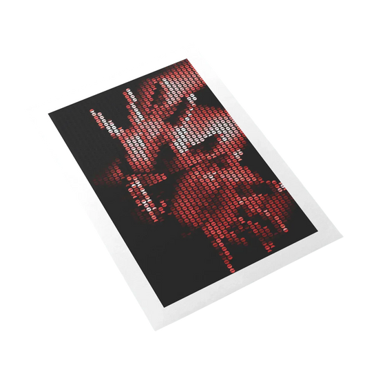 Pixelated image of a person on a black background with red and white text