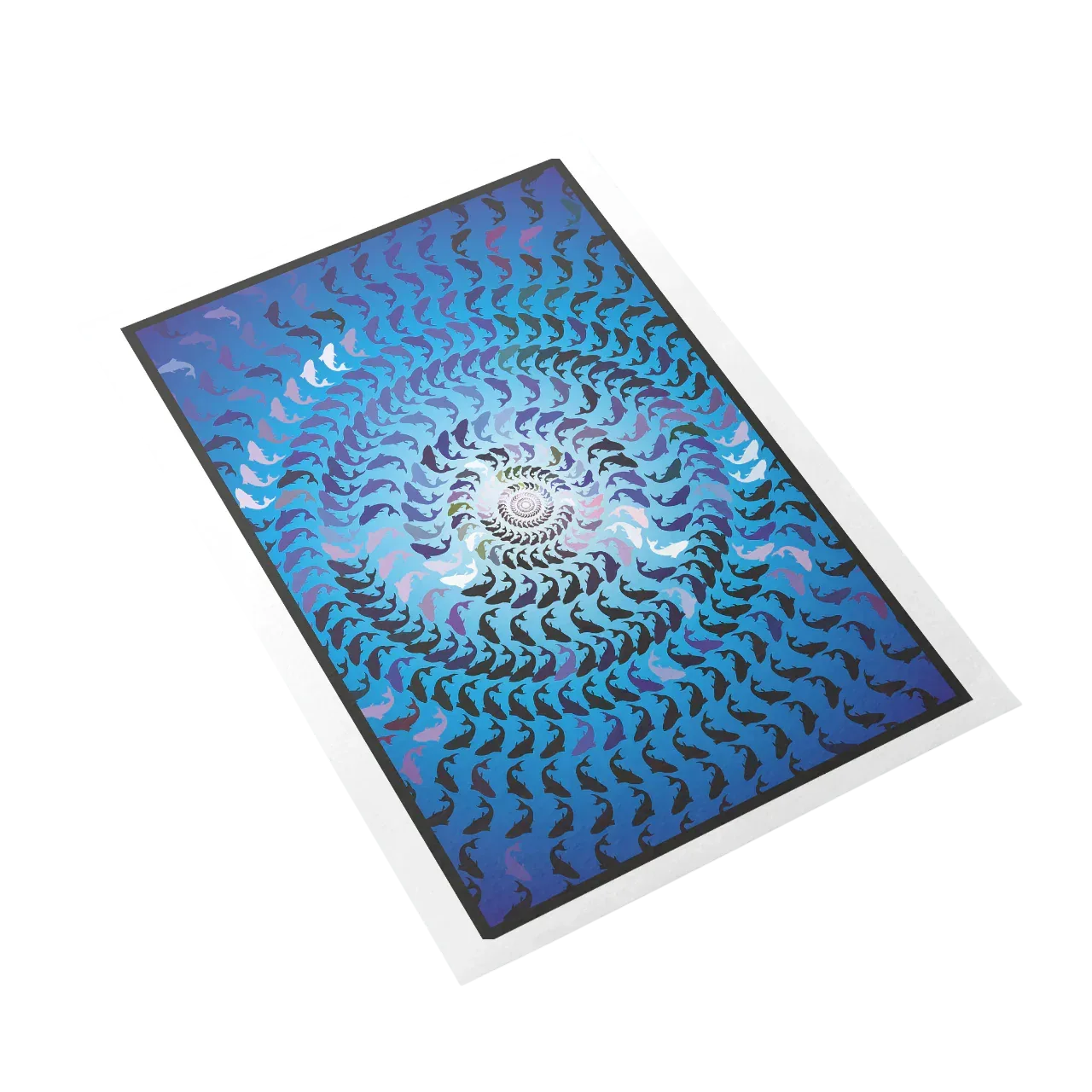 Blue and black spiral pattern on a white background