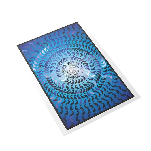 Blue and black spiral pattern on a white background