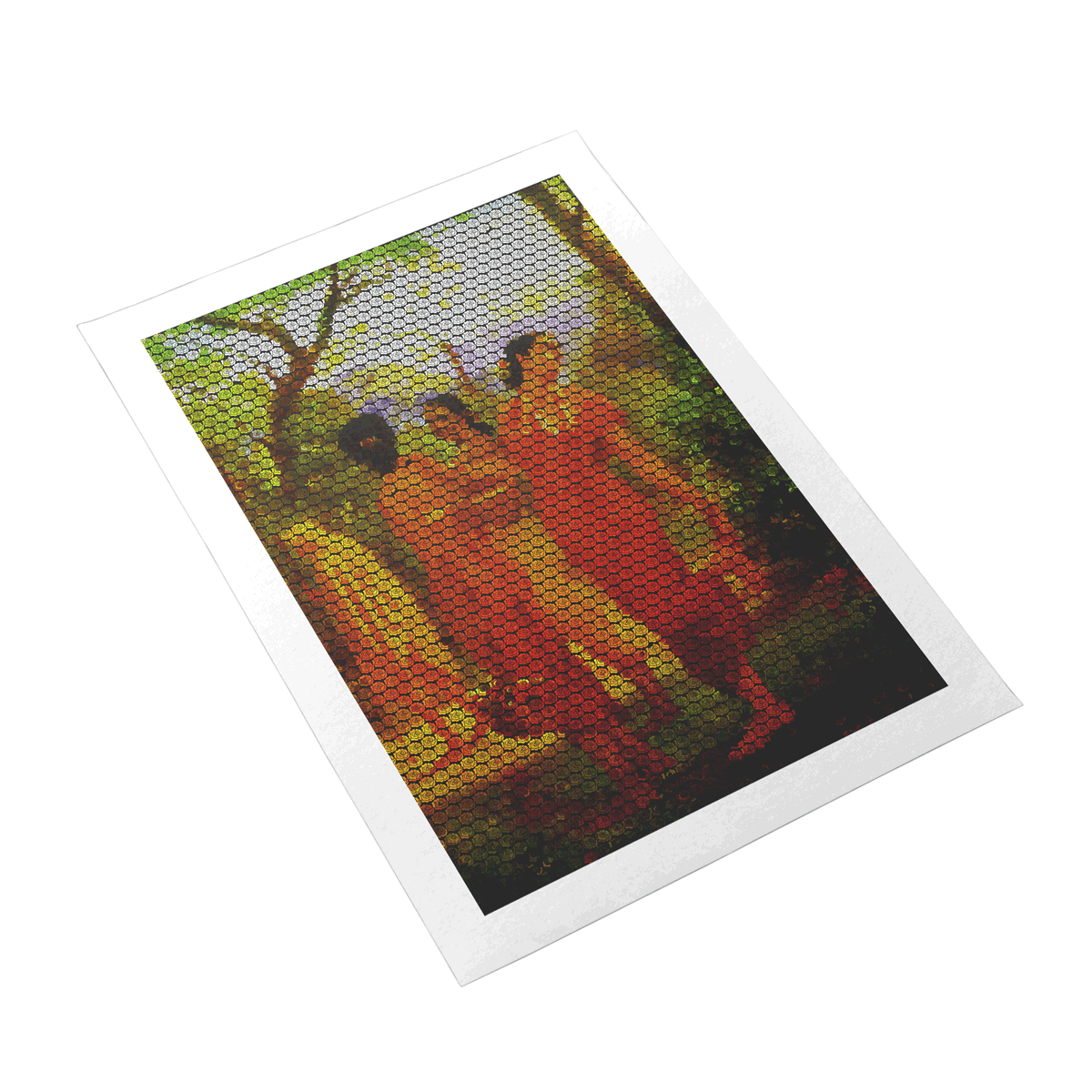 Cross-stitched piece of art on a white background