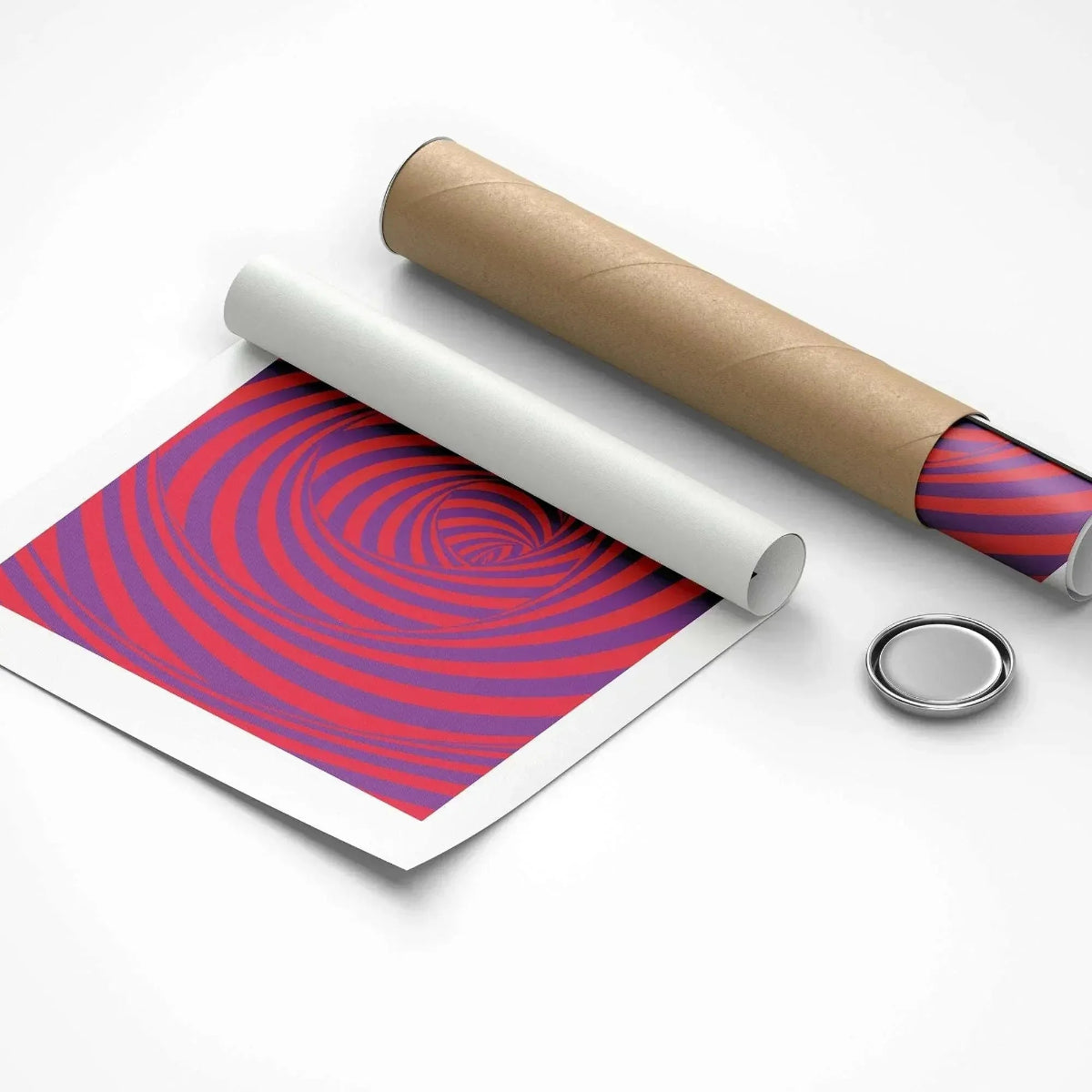 Roll of paper with a red and blue spiral pattern on a white background