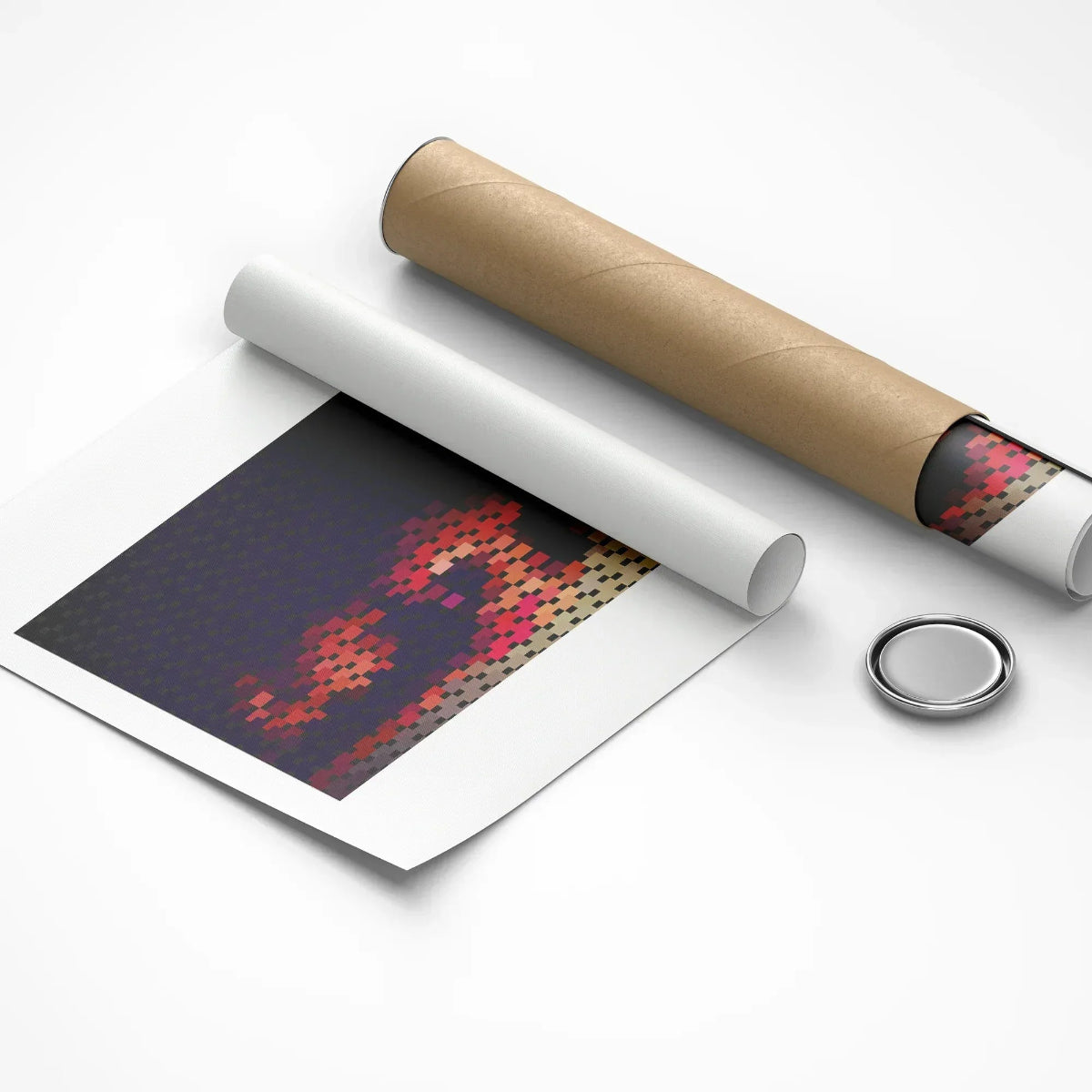 Unrolled poster with a roll of paper and a button on a white background