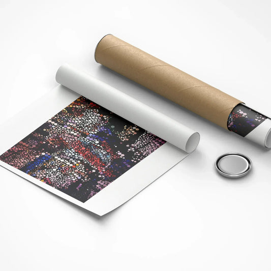 Unrolled poster with a colorful design on a white background