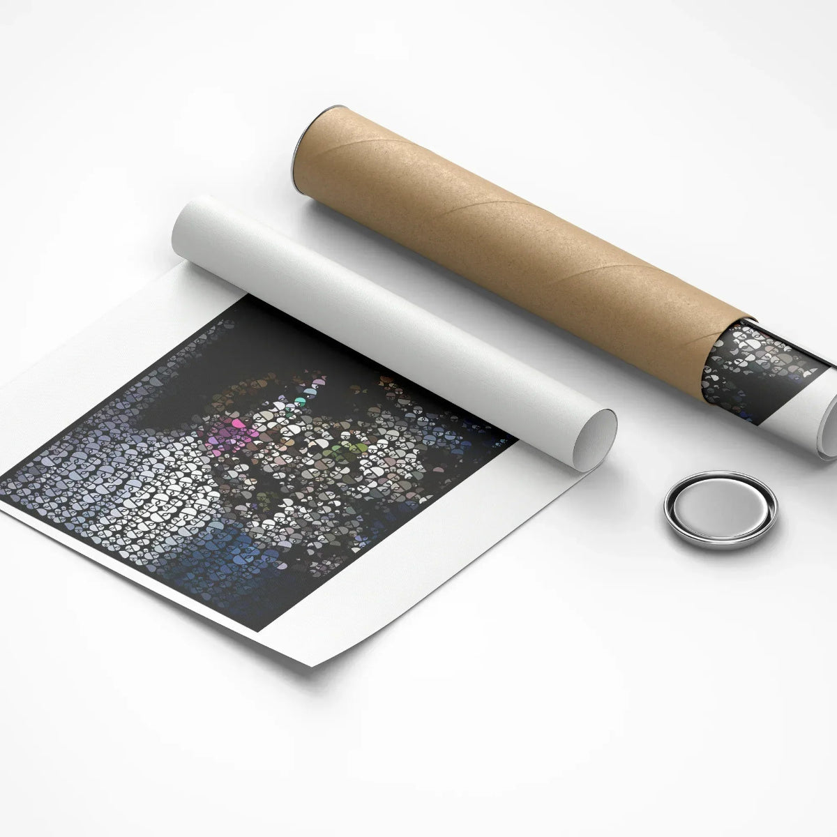 Rolled-up poster with a textured design on a white surface