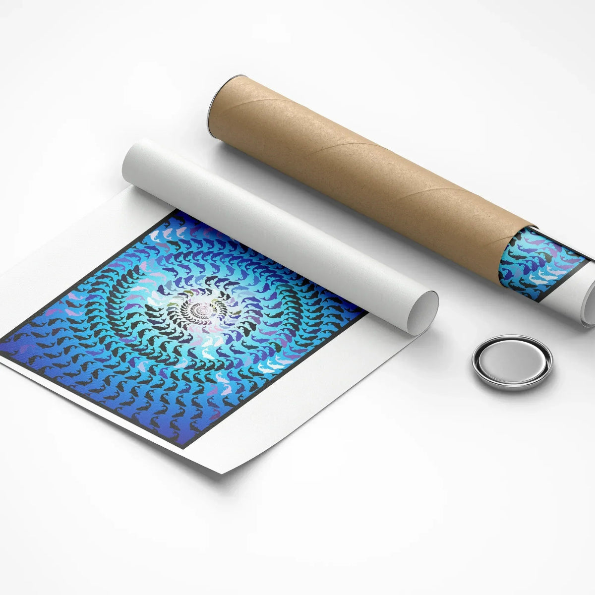 Roll of paper with blue and white pattern on a white background
