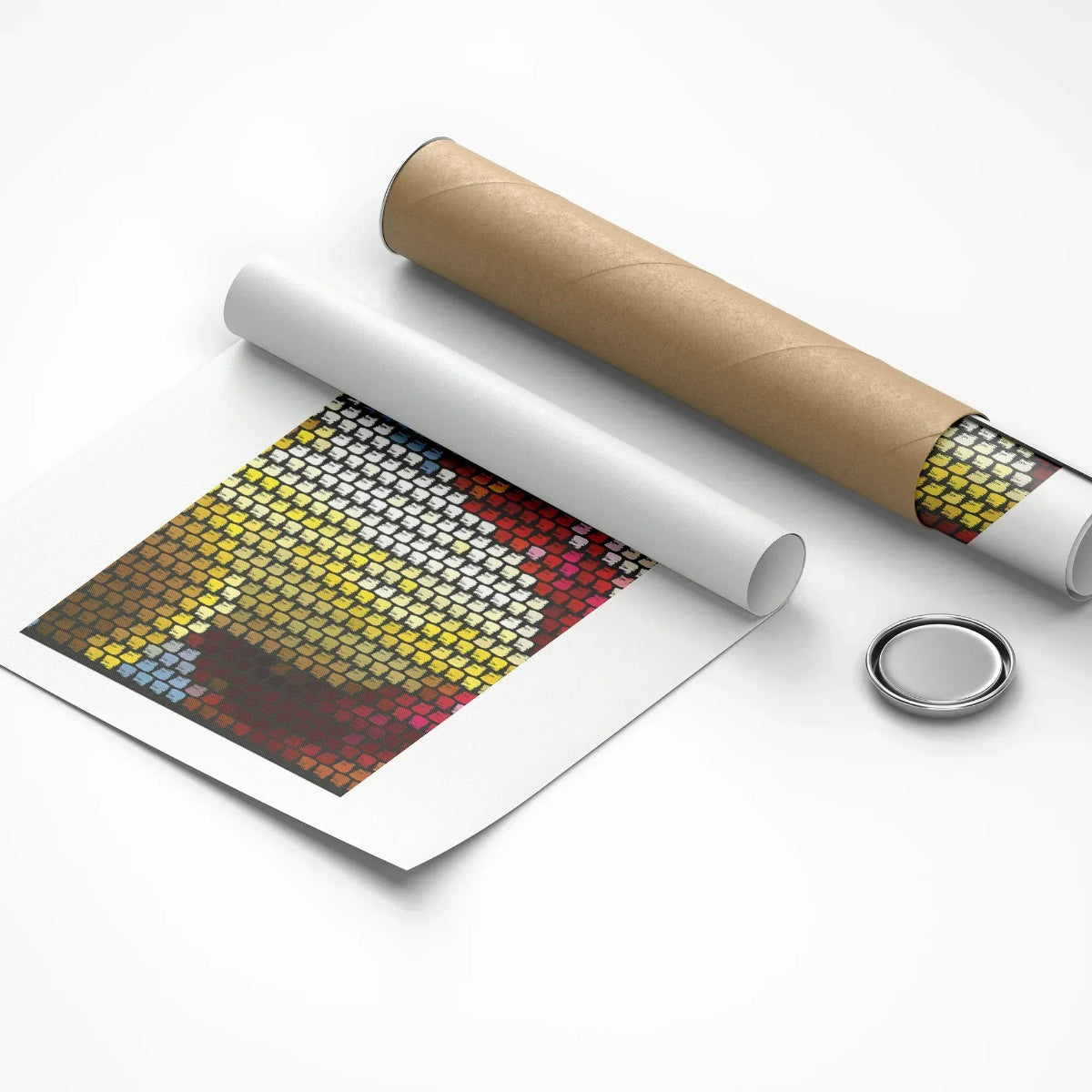 Roll of paper with a colorful pattern and a small round object on a white background