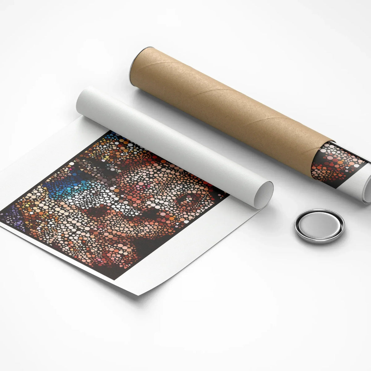 Roll of paper with a colorful pattern and a cylindrical object on a white background