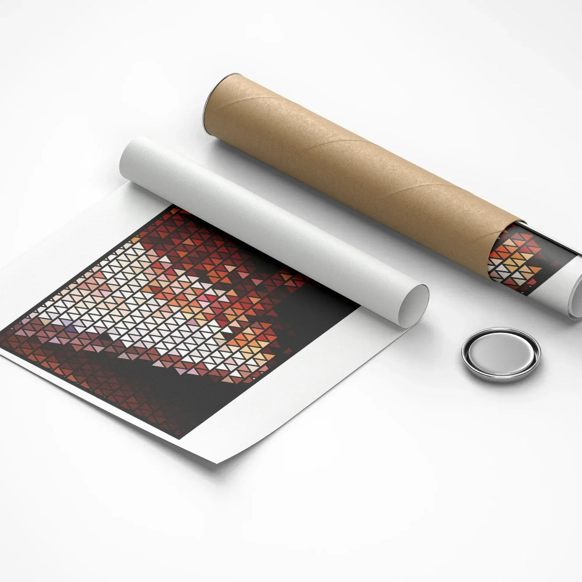 Roll of paper with a geometric pattern and a cylindrical object on a white background