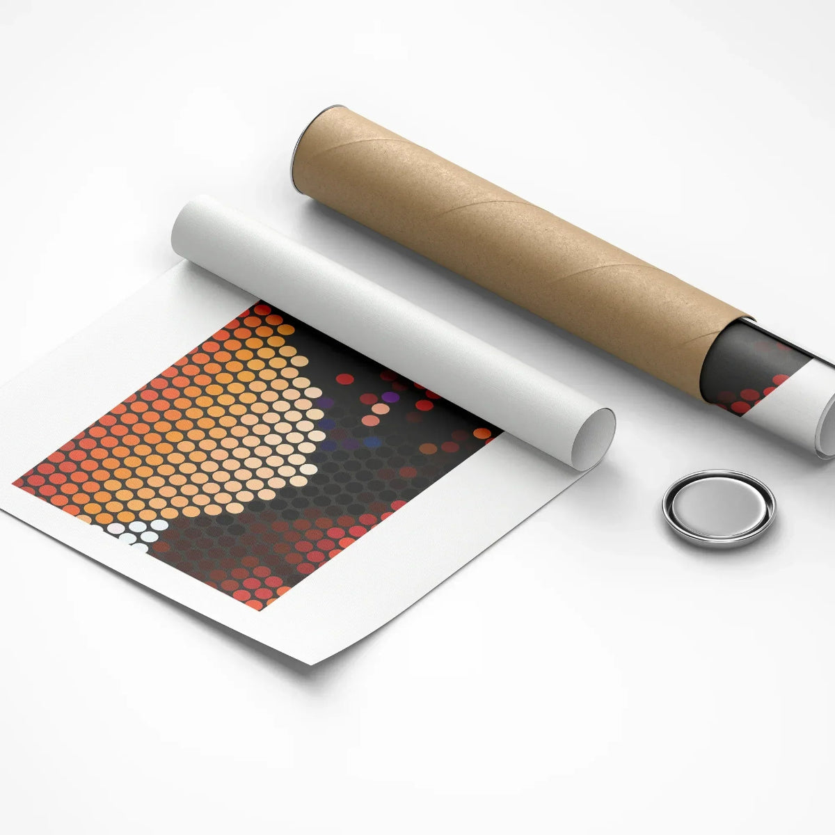 Roll of paper with a printed design and a cylindrical object on a white background