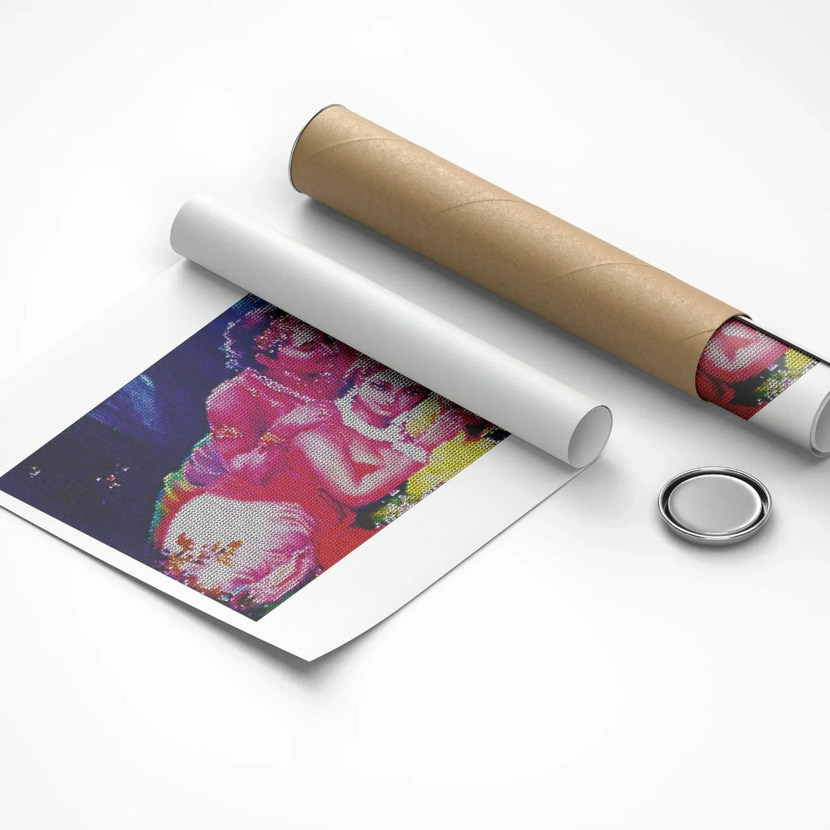 Unrolled poster with a colorful design on a white background