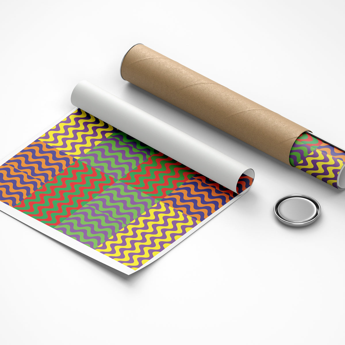 Roll of colorful zigzag pattern paper with a cardboard tube on a white background