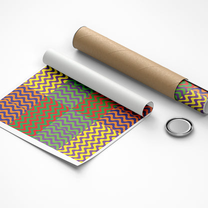 Roll of colorful zigzag pattern paper with a cardboard tube on a white background