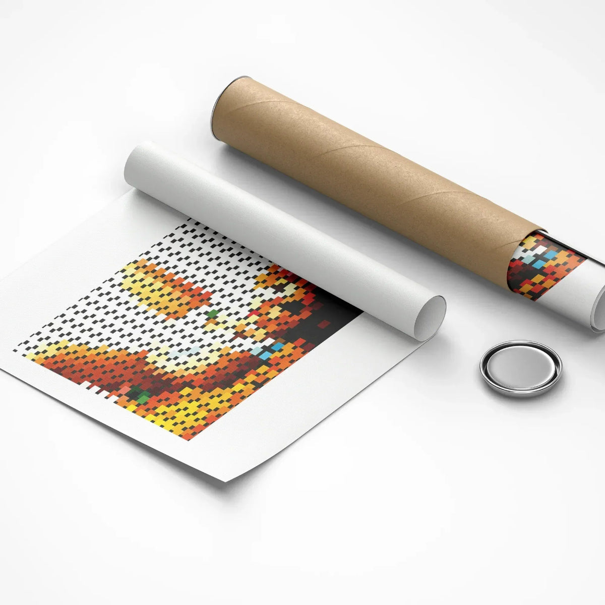 Unrolled paper with a colorful pattern, a roll of paper, and a button on a white background