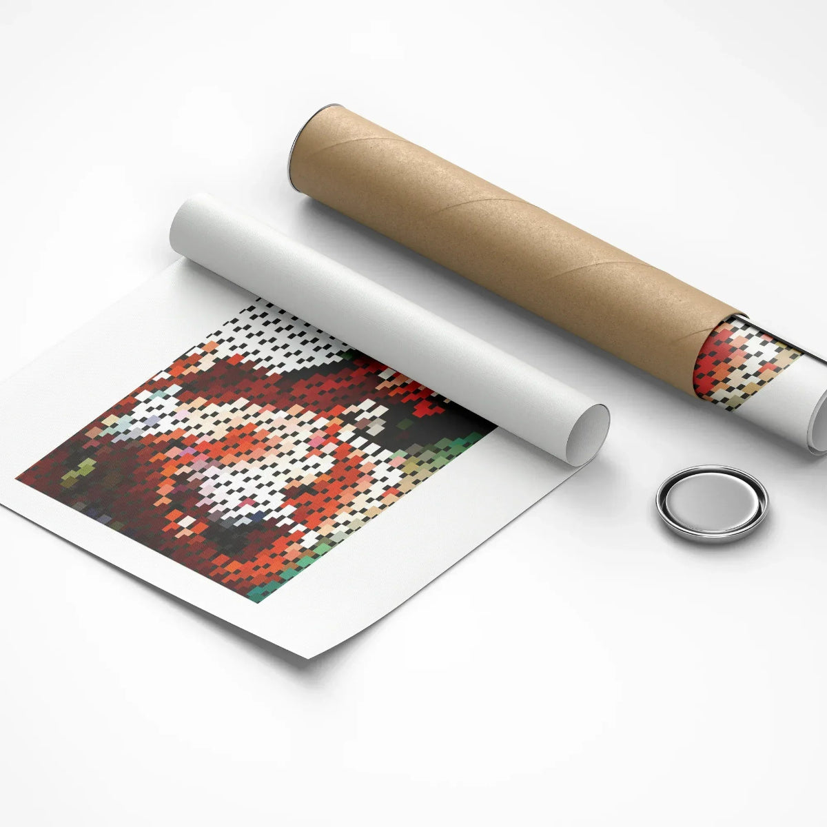 Unrolled poster with a colorful design on a white background, accompanied by a cardboard tube and a metal button.