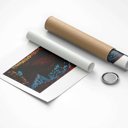 Unrolled paper with colorful design, roll of paper, and metal button on a white background