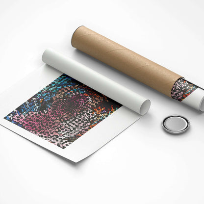 Roll of paper with a colorful pattern and a cardboard tube on a white background