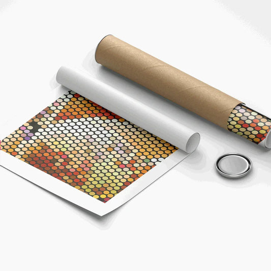 Color swatch book with a roll of paper and a metal disc on a white background