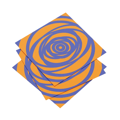Three orange and blue spiral patterned napkins on a white background