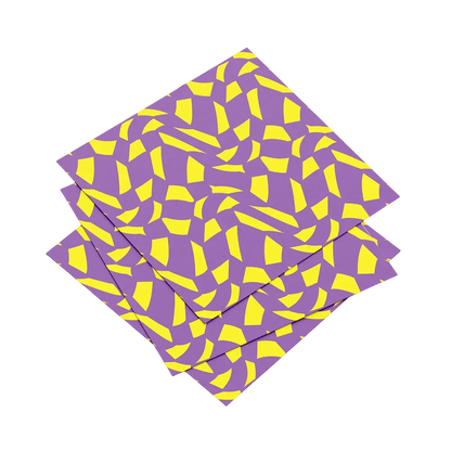Three purple napkins with yellow geometric pattern on a white background