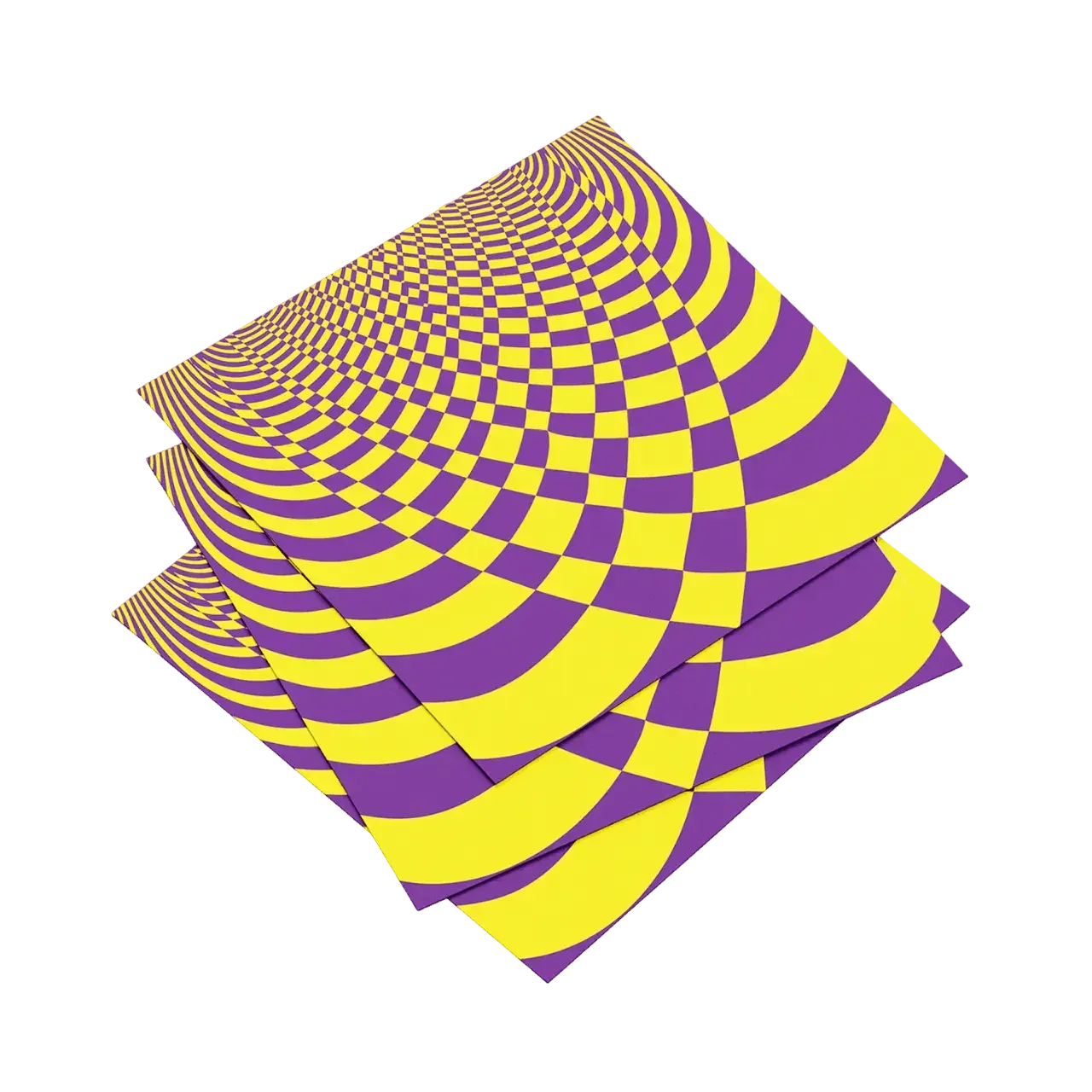 Three sheets of paper with a purple and yellow checkered pattern on a white background