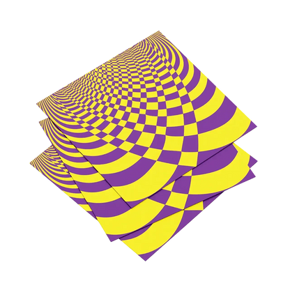 Three sheets of paper with a purple and yellow checkered pattern on a white background