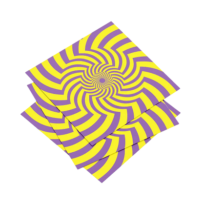 Set of purple and yellow striped napkins with a spiral pattern on a white background