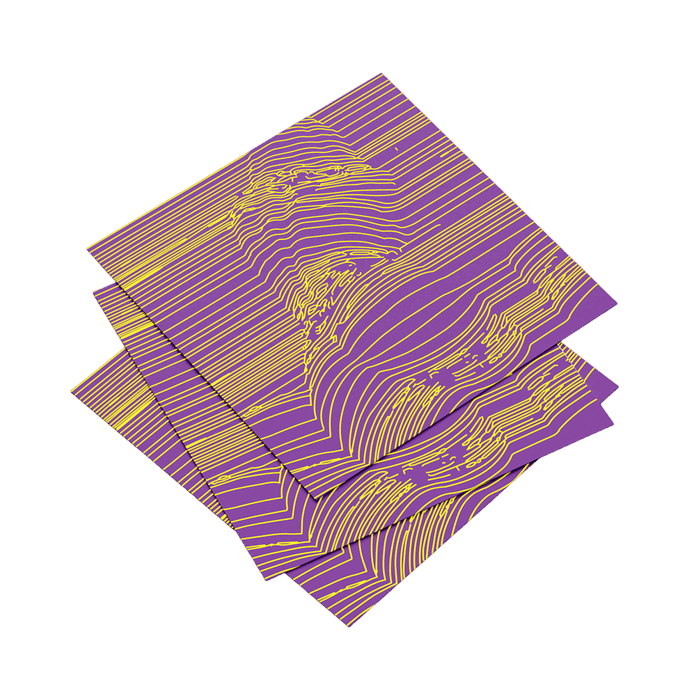 Three purple and gold patterned napkins stacked on a teal background