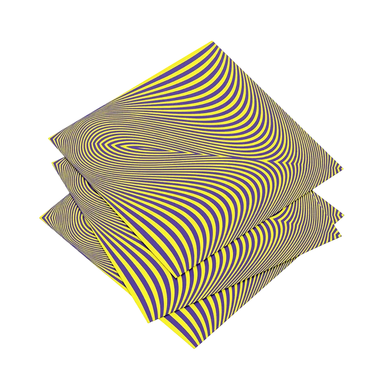 Three folded fabric swatches with a yellow and purple striped pattern on a white background