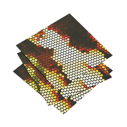 Set of three geometric patterned placemats on a white background