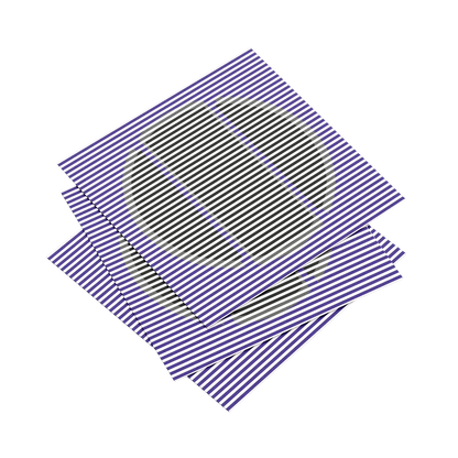 Set of three purple and white striped napkins on a white background
