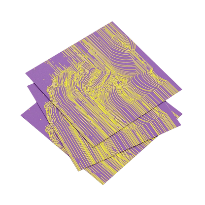 Four purple and yellow patterned napkins stacked on a white background