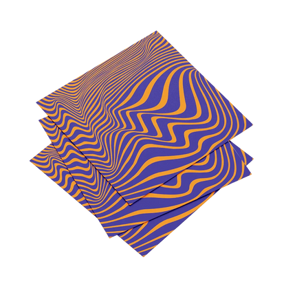 Two folded napkins with purple and orange wavy pattern on a white background