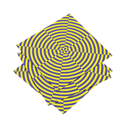 Op art design with concentric yellow and blue circles on a black background