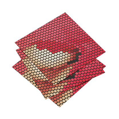 Three red and beige patterned paper sheets on a white background