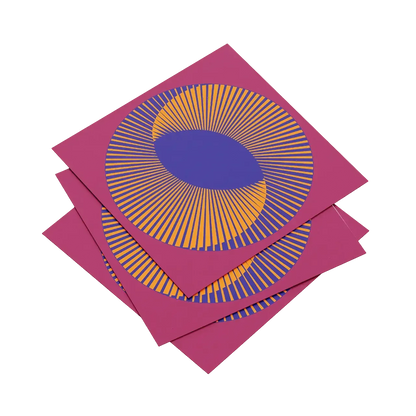 Stack of pink cards with blue and yellow circular designs on a white background