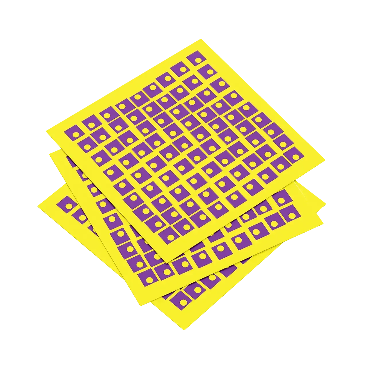Yellow labels with purple and white pattern on a white background